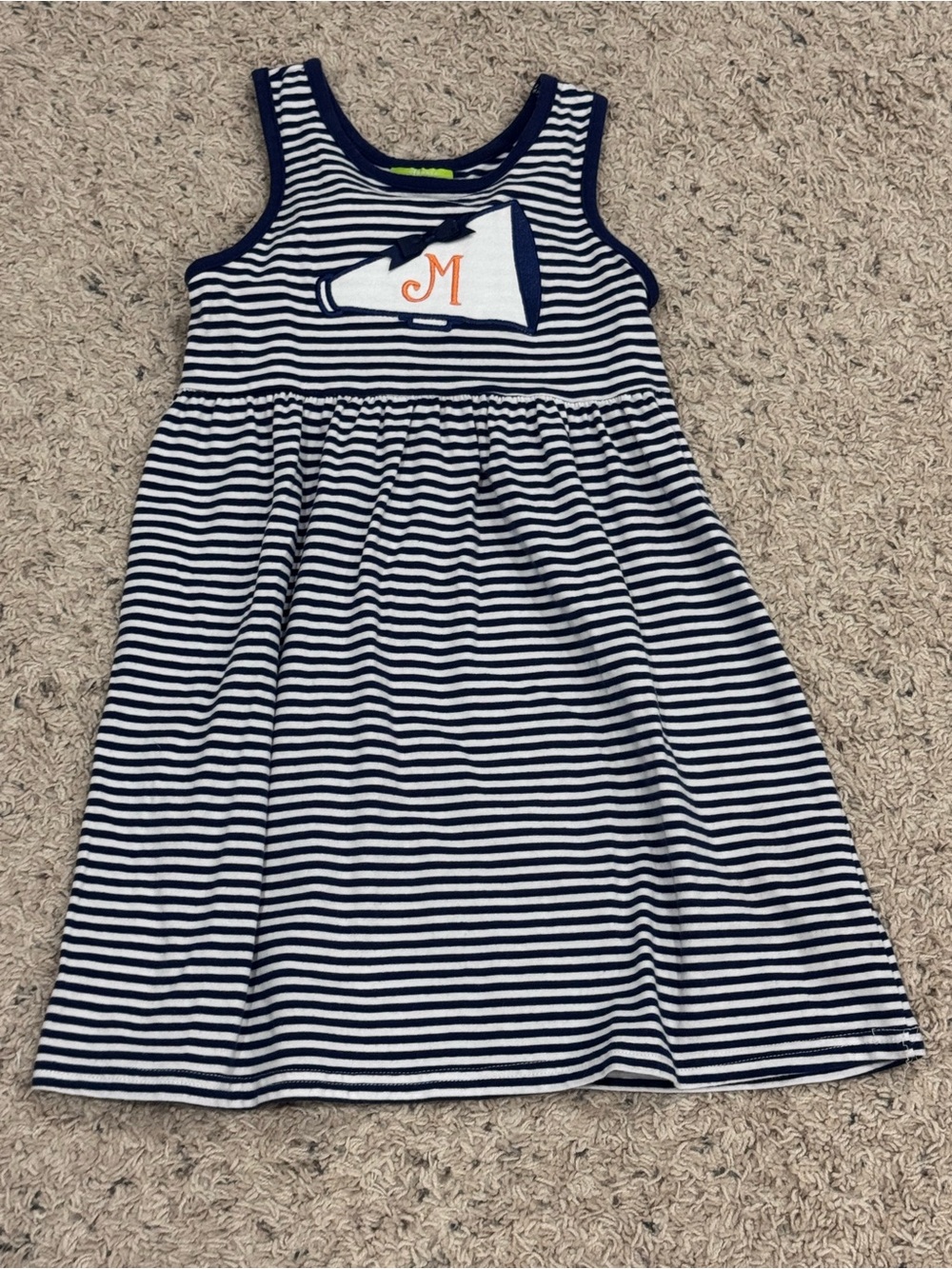 Navy and White Striped Sleeveless Kids Dress with Megaphone Applique